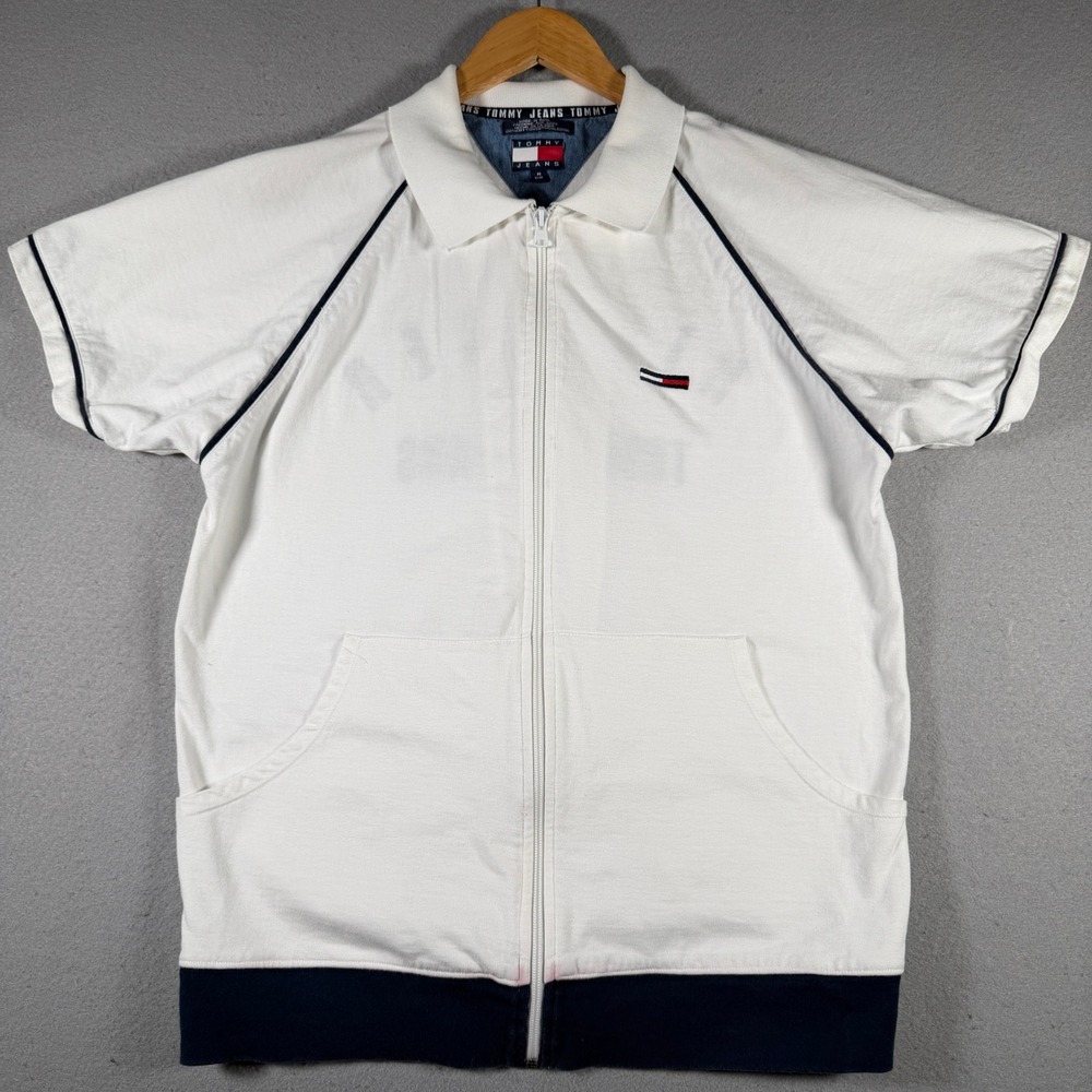 Tommy Jeans Mens White Short Sleeve Full‎ Zip Sweatshirt Hilfiger 485 Graphic M